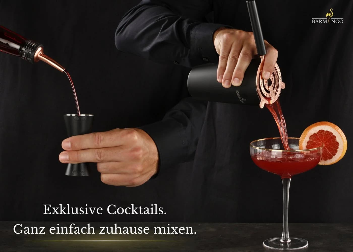 BARMINGO Cocktail-Set 11-tlg. Edelstahl mit Bambusgestell Rosa/Schwarz - Bild 5