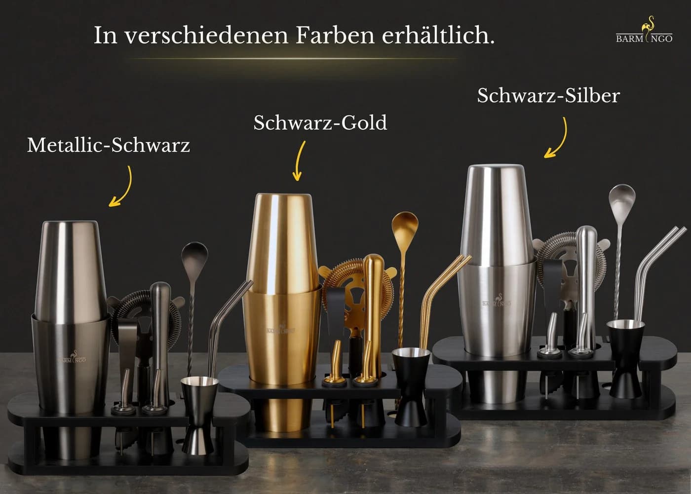 BARMINGO Cocktail-Set Edelstahl Boston Shaker 11-tlg. mit Bambusständer