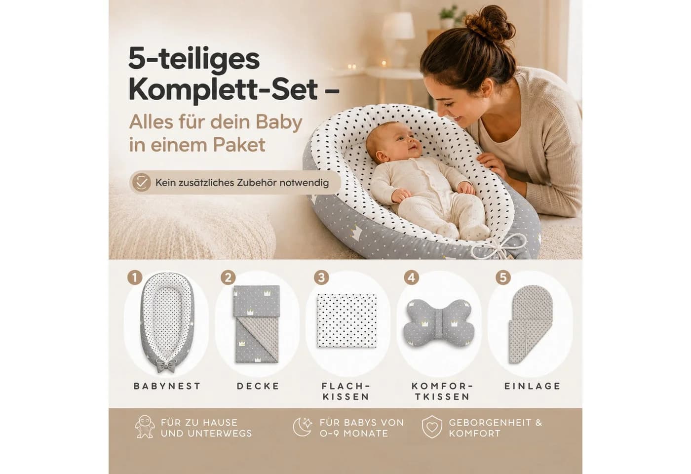 SKY & ZEN Babynest 5-tlg. Set für Neugeborene Mitwachsend