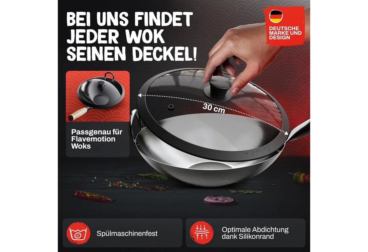 Flavemotion Wok-Deckel 36cm Glas mit Silikonrand - Bild 3
