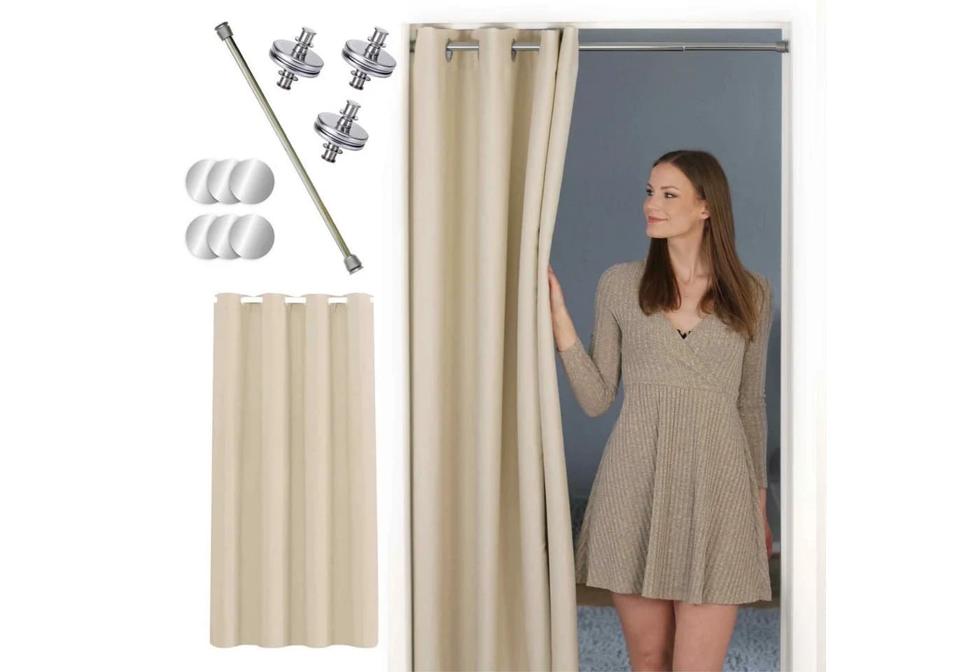 tinycurtains Türvorhang mit Stange silber 55-90 cm ohne Bohren, Thermo Vorhang mit Magneten, Ösen, abdunkelnd, Polyester, blickdicht, beige Driftwood - Bild 2
