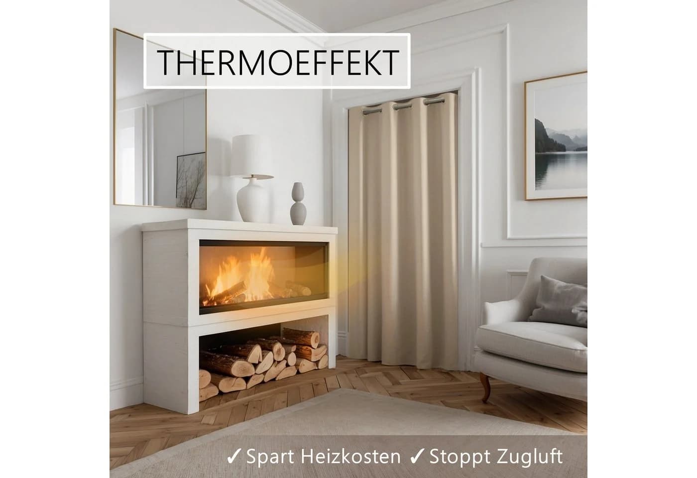 tinycurtains Türvorhang mit Stange silber 55-90 cm ohne Bohren, Thermo Vorhang mit Magneten, Ösen, abdunkelnd, Polyester, blickdicht, beige Driftwood - Bild 4