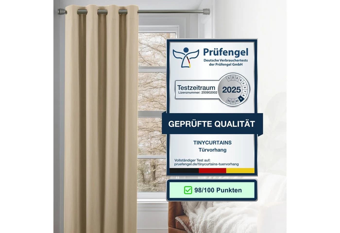 tinycurtains Türvorhang mit Stange silber 70-120 cm Thermo Vorhang ohne Bohren, mit Magneten, Ösen, abdunkelnd, Polyester, beige Driftwood - Bild 3