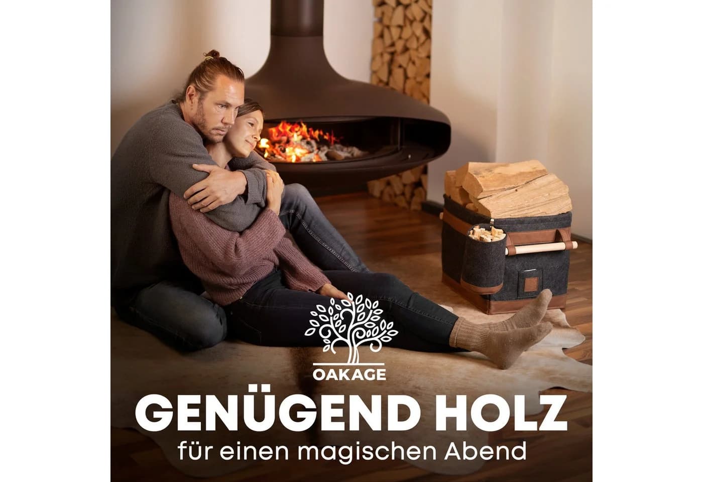OAKAGE Kaminholzkorb Set Grau Filz mit Lederboden - Bild 3
