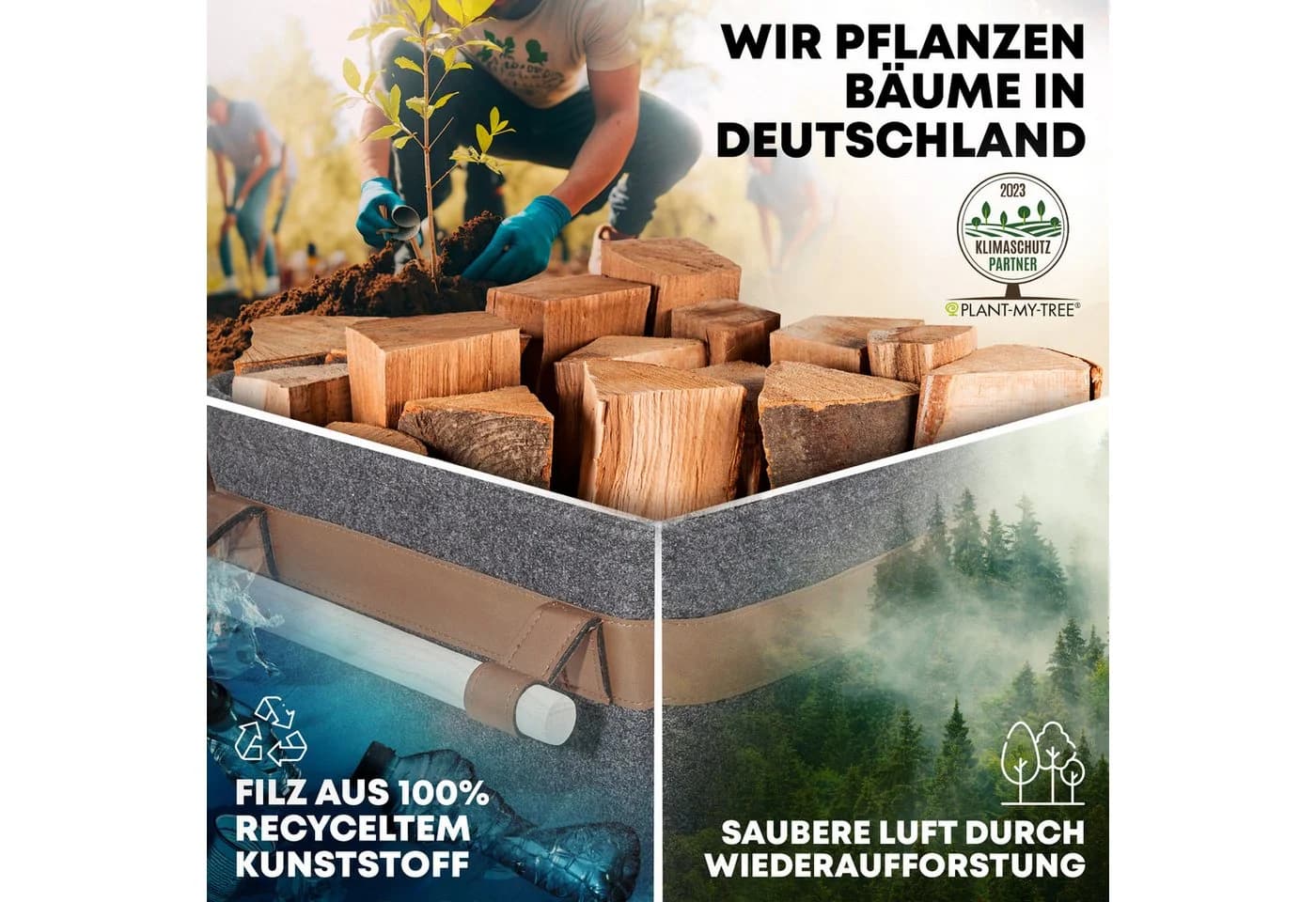 OAKAGE Kaminholzkorb Set Grau Filz mit Lederboden - Bild 5