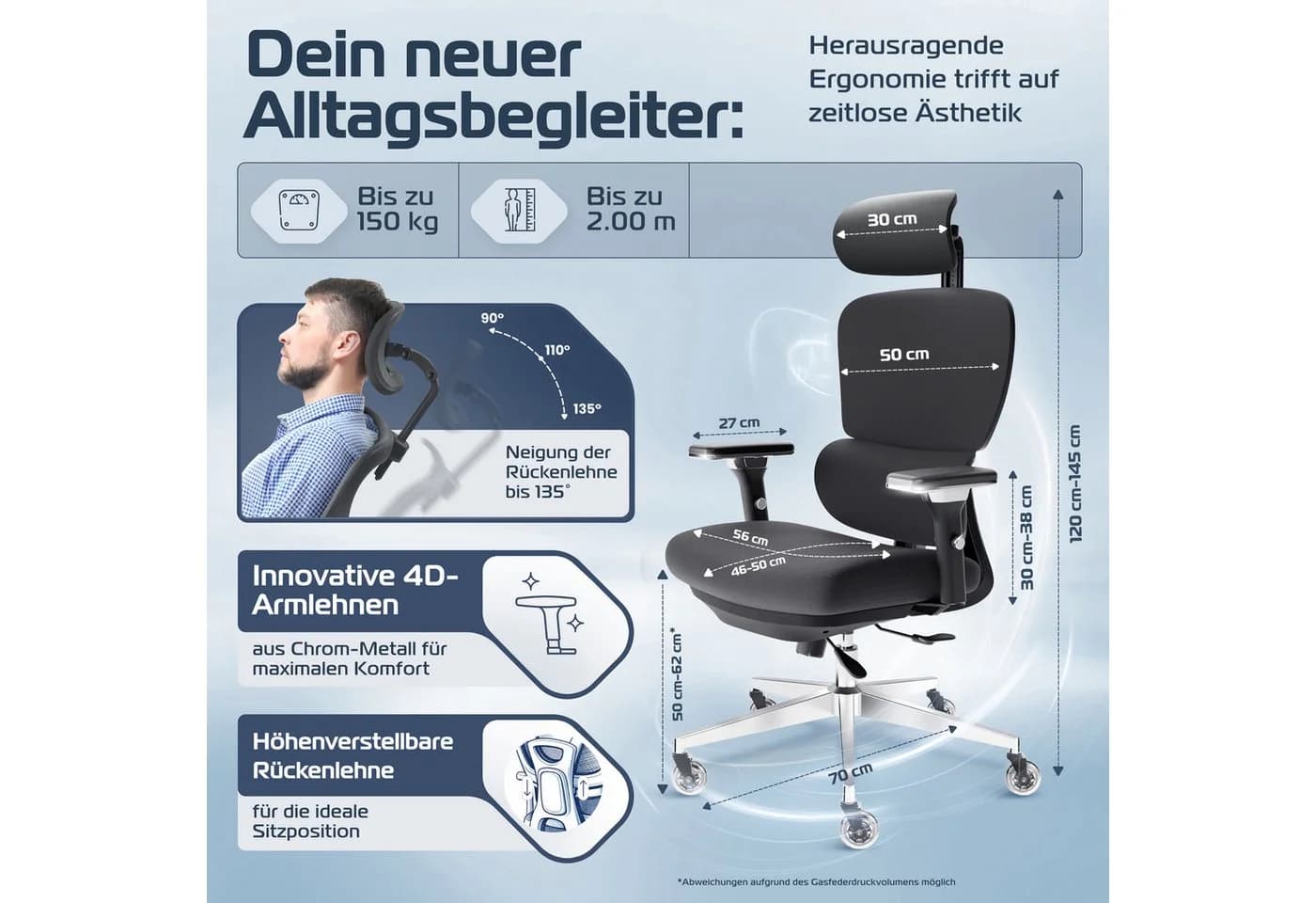 CLOUVOU Bürostuhl Ergonomisch Schwarz 150kg QuantumFlex 4D Armlehnen