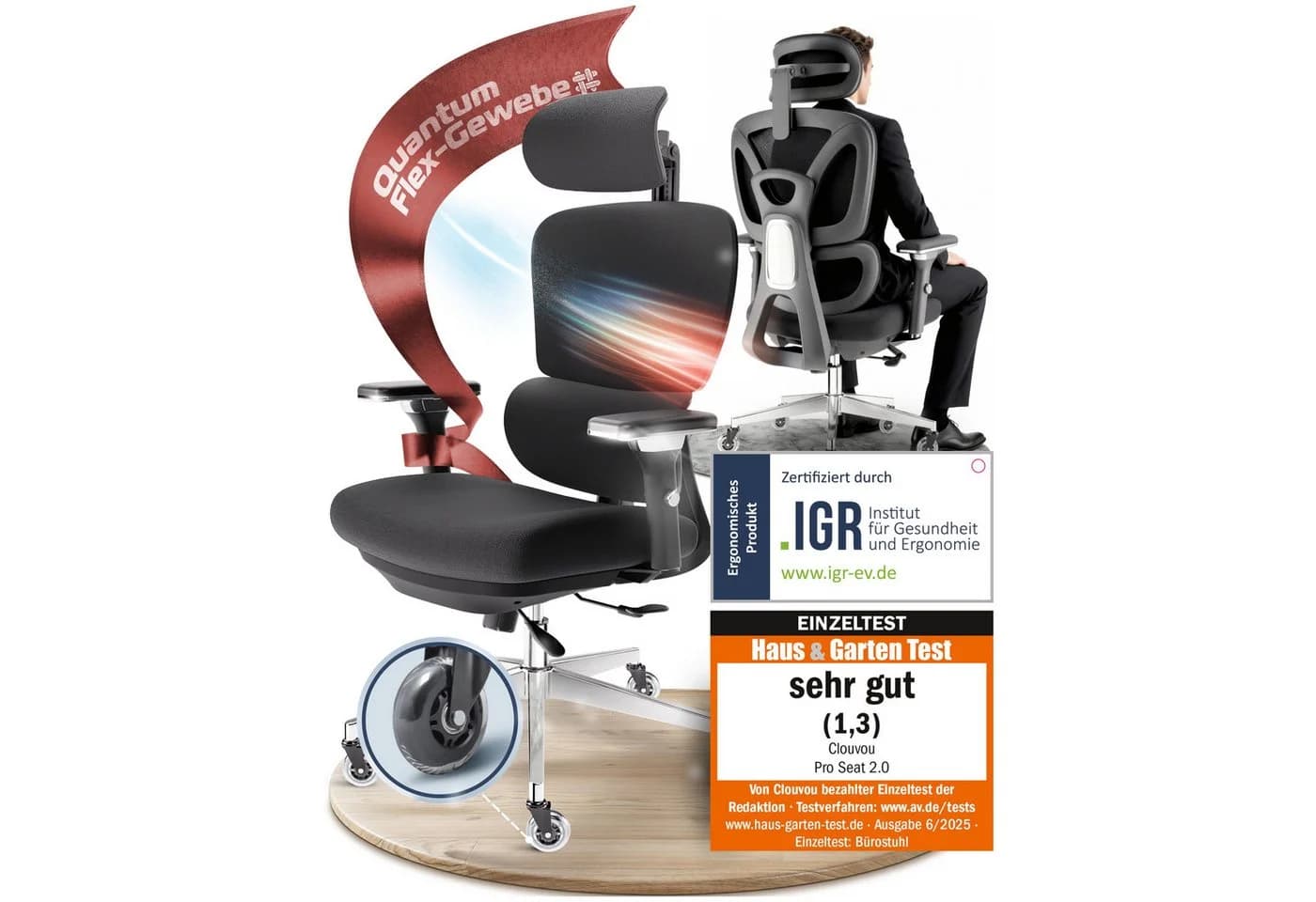 CLOUVOU Bürostuhl Ergonomisch Schwarz 150kg QuantumFlex 4D Armlehnen - Bild 2