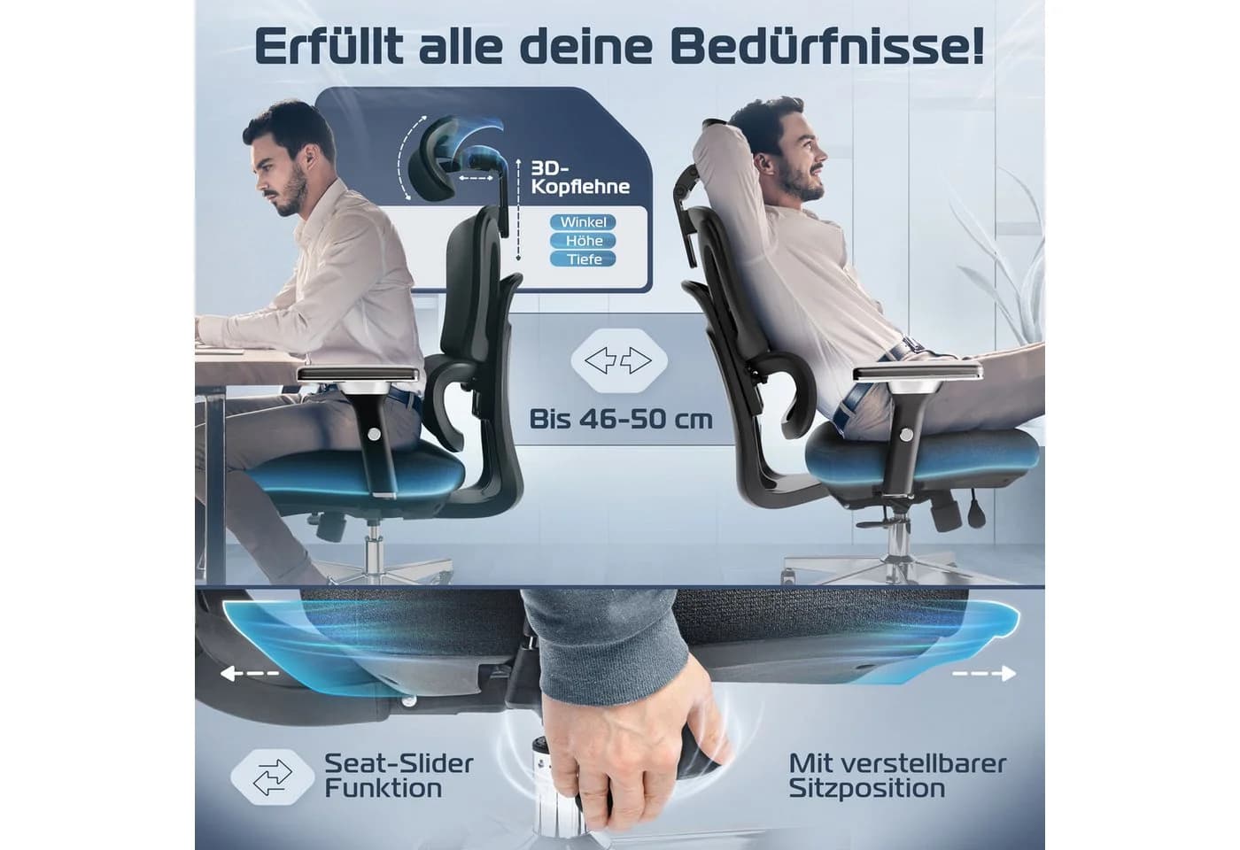 CLOUVOU Bürostuhl Ergonomisch Schwarz 150kg QuantumFlex 4D Armlehnen - Bild 3