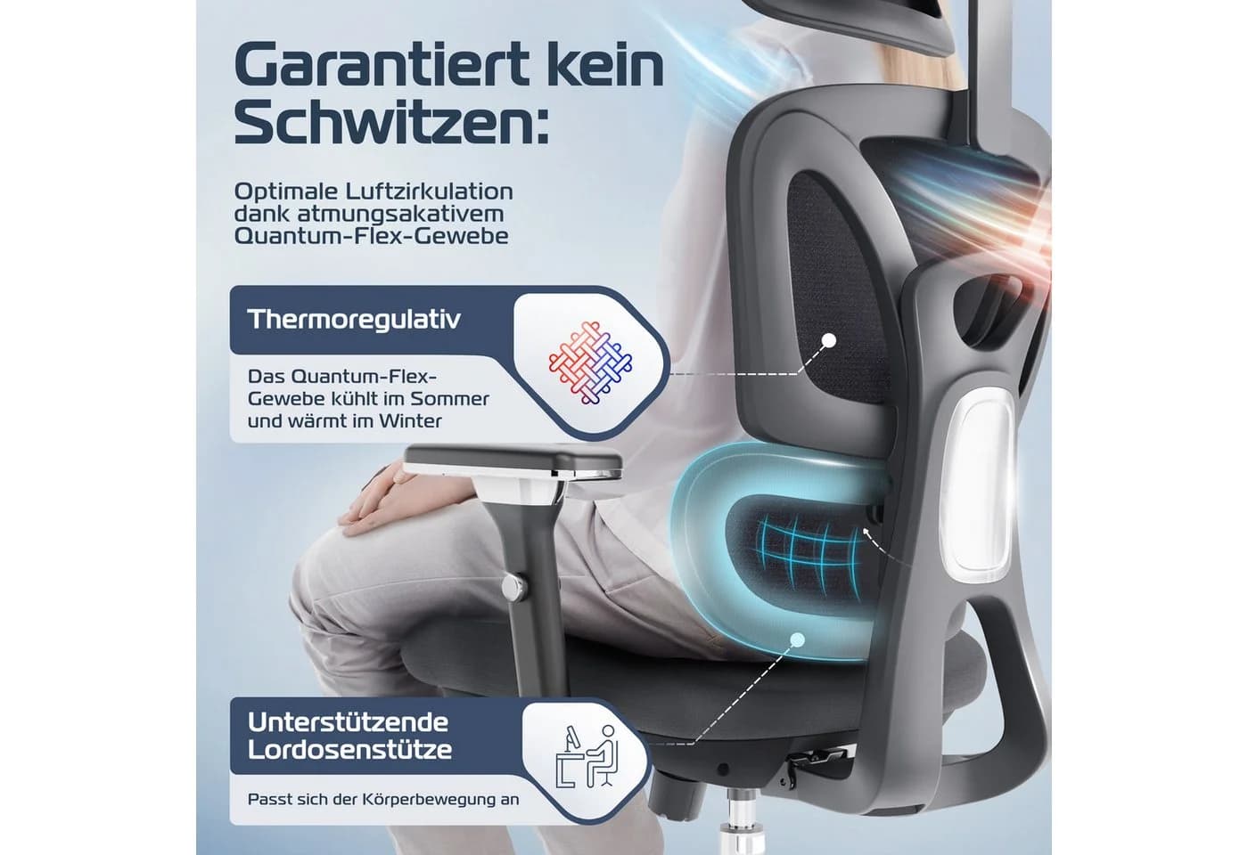 CLOUVOU Bürostuhl Ergonomisch Schwarz 150kg QuantumFlex 4D Armlehnen - Bild 5