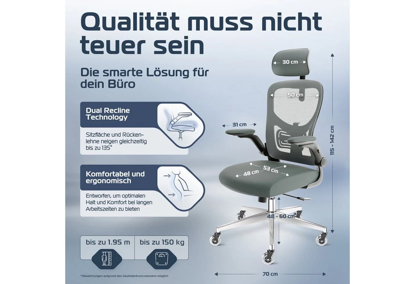 CLOUVOU SmartSeat Bürostuhl Ergonomisch Anthrazit/Schwarz mit 3D-Kopfstütze - Bild 2