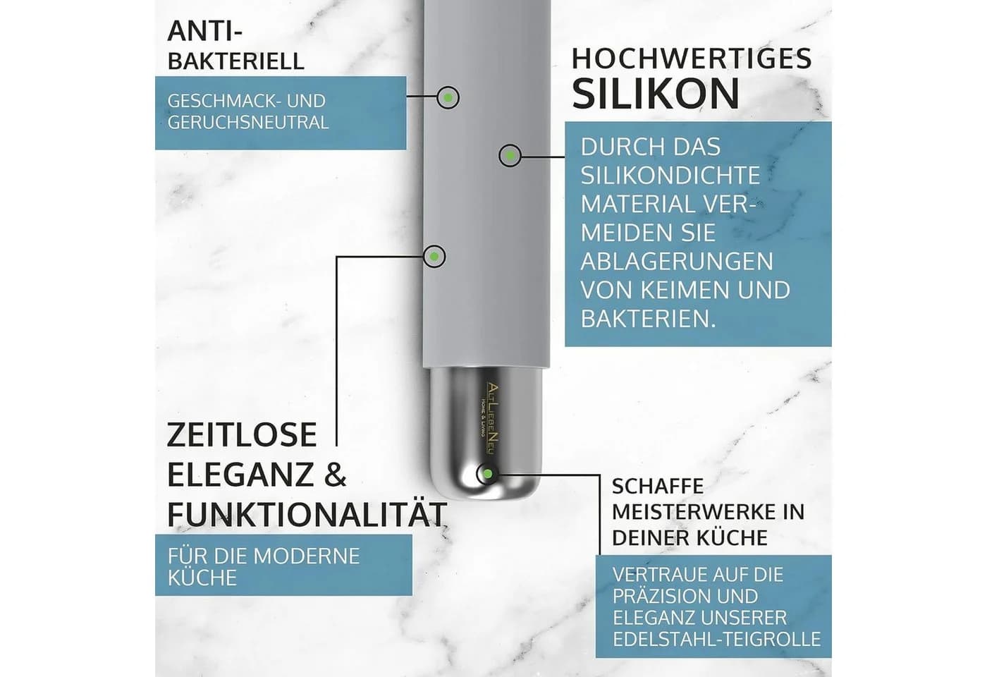 BURI Nudelholz Silikon Edelstahl Antihaft Teigroller ohne Griffe - Bild 3