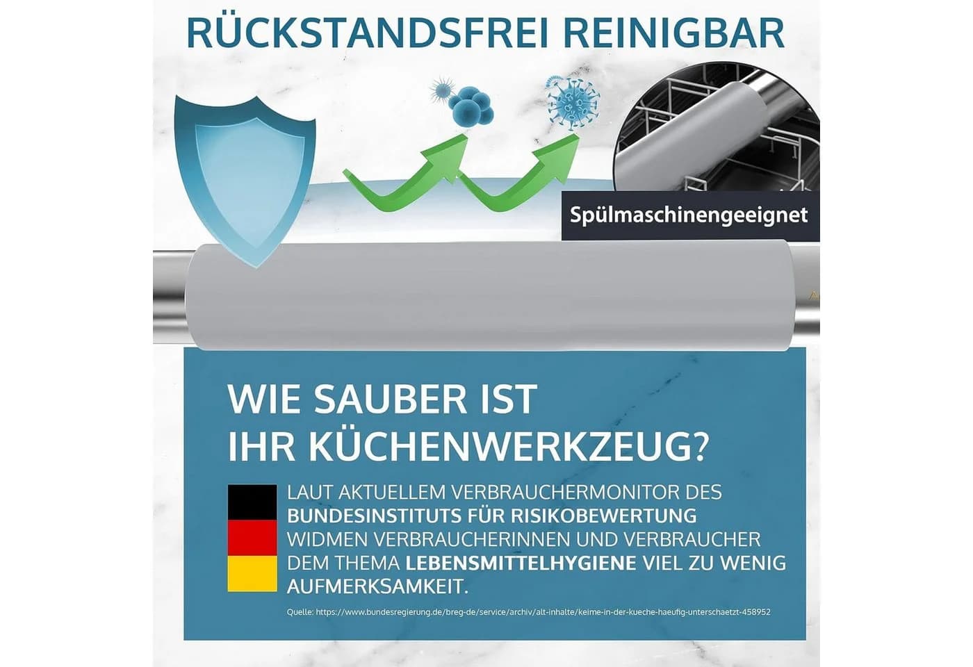 BURI Nudelholz Silikon Edelstahl Antihaft Teigroller ohne Griffe - Bild 4