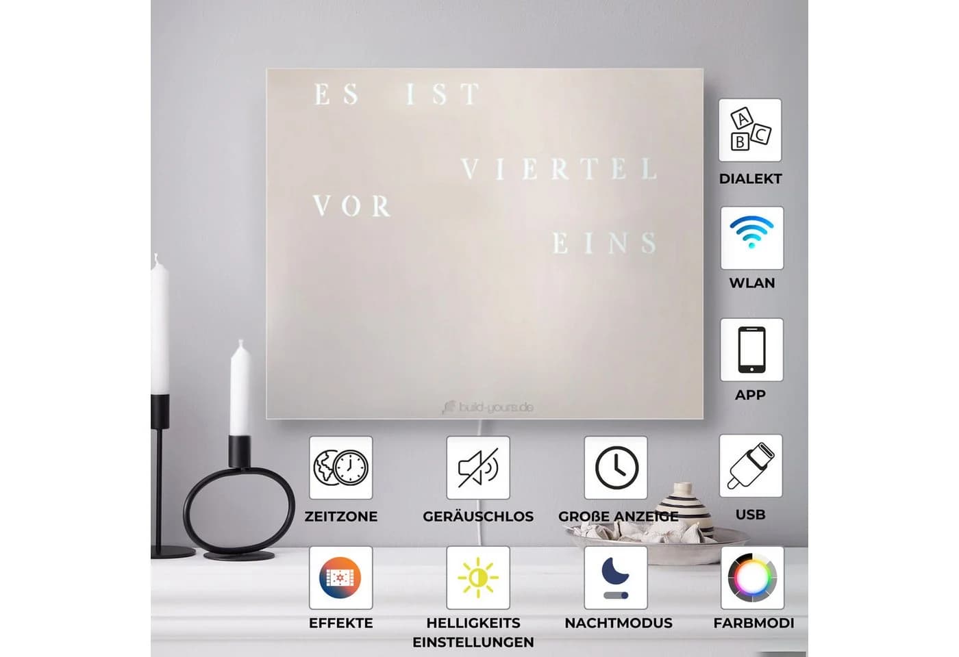 build-yours.de Wortuhr Jupiter LED Wanduhr Grau WLAN App