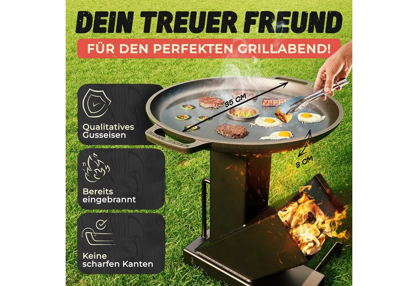 Drei Eichen Grillplatte Gusseisen Ø35cm mit Tropfschutz & Tragegriff