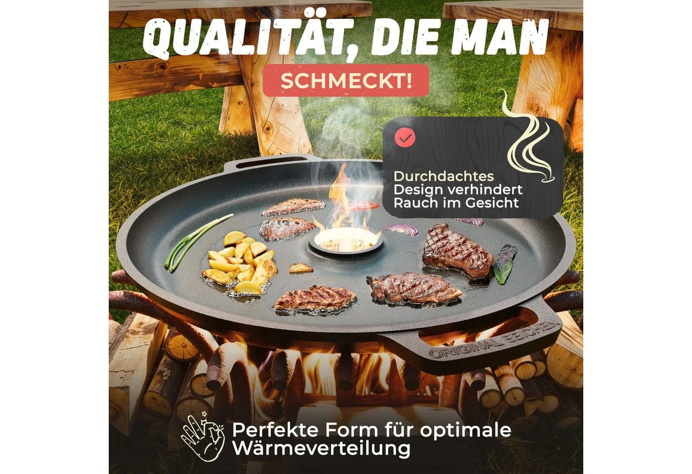 Drei Eichen Grillplatte Gusseisen Ø35cm mit Tropfschutz & Tragegriff - Bild 4