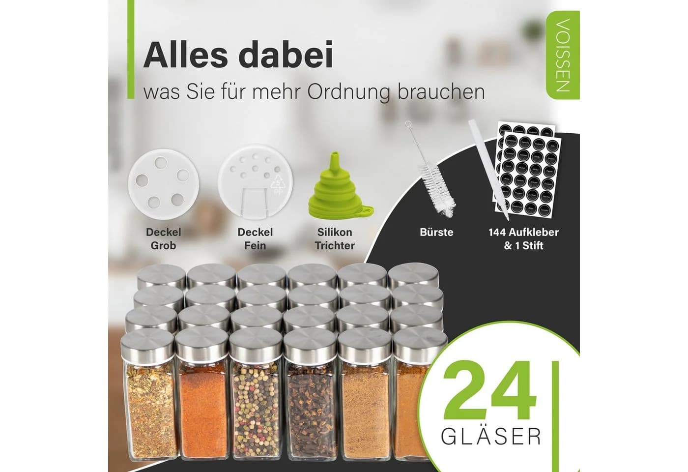 Voissen Gewürzglas-Set 24-tlg. 100 ml mit Edelstahldeckel & Zubehör