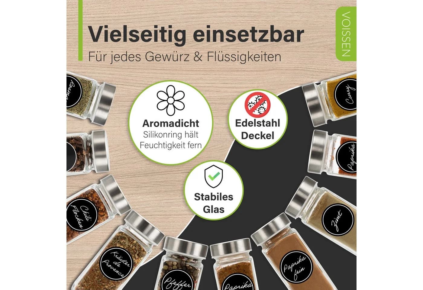 Voissen Gewürzglas-Set 24-tlg. 100 ml mit Edelstahldeckel & Zubehör - Bild 3
