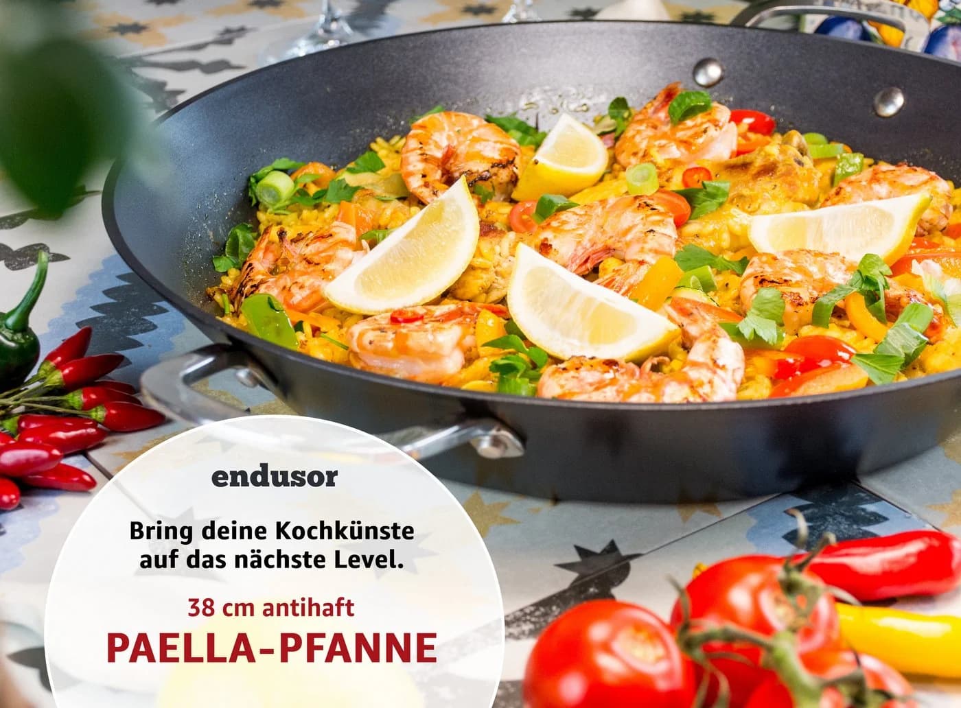 endusor Paellapfanne 38cm Aluminiumguss Antihaft für 6-8 Personen