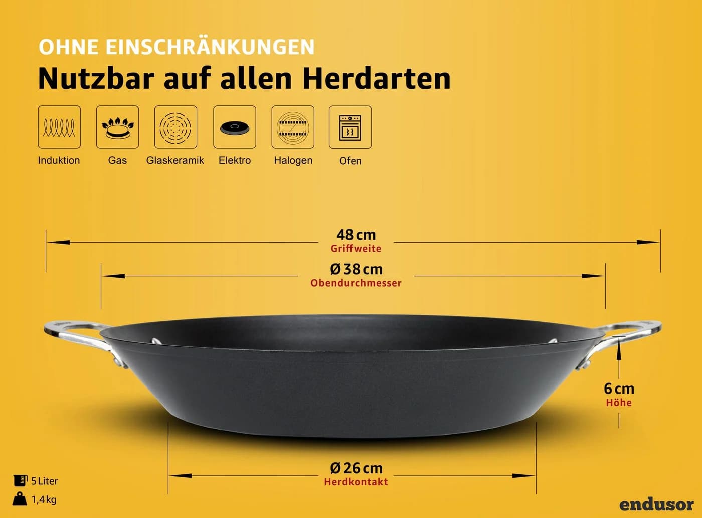 endusor Paellapfanne 38cm Aluminiumguss Antihaft für 6-8 Personen - Bild 3