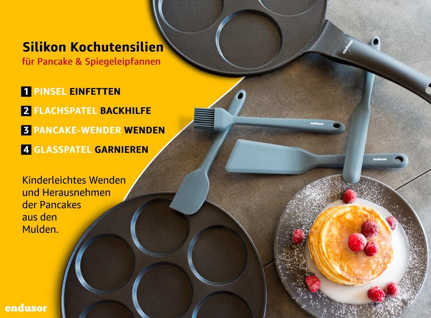 endusor Silikon Spatel Set 4-teilig Schwarz mit Metallkern