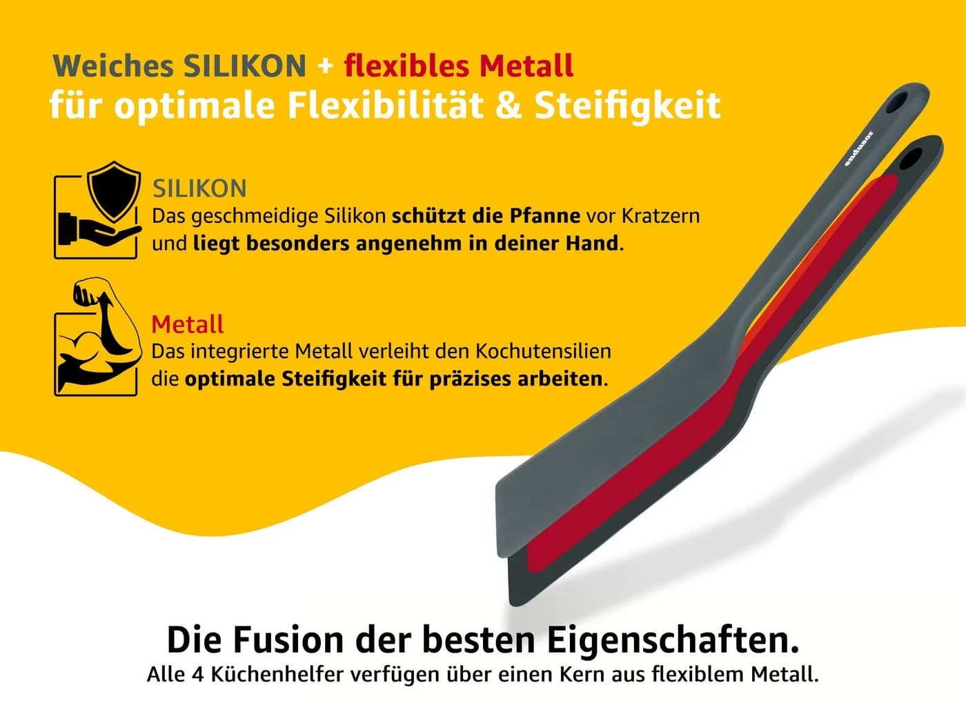 endusor Silikon Spatel Set 4-teilig Schwarz mit Metallkern - Bild 4