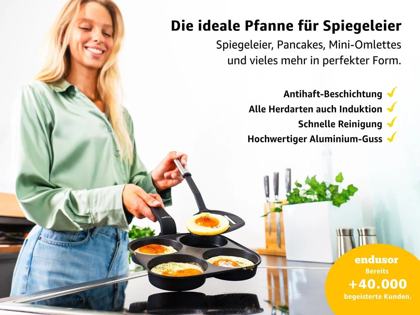 endusor Spiegeleipfanne 21 cm Aluminiumguss Antihaft Induktion