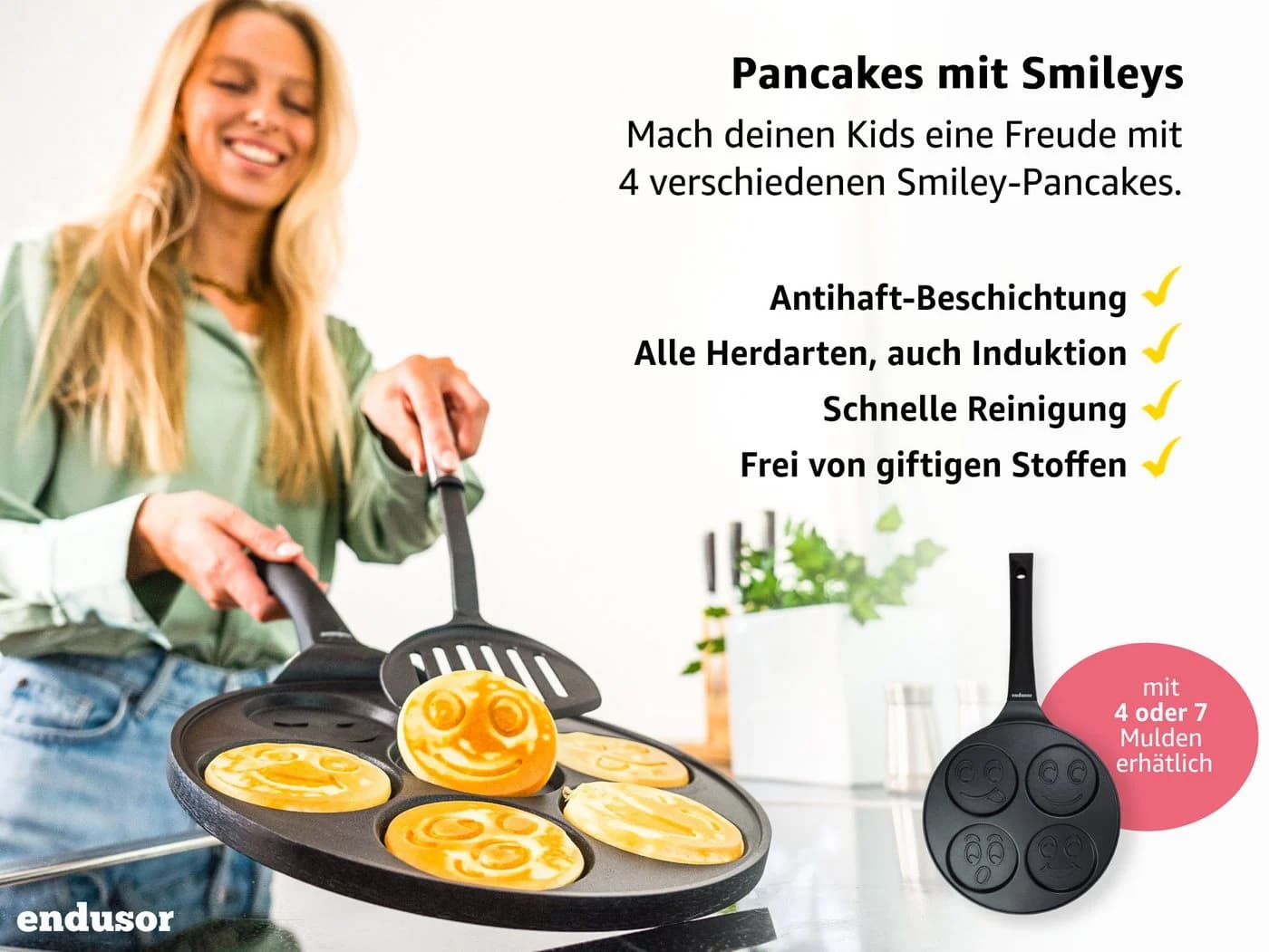 endusor Crêpepfanne Pancake Pfanne 26cm mit Smiley Motiven Aluminiumguss