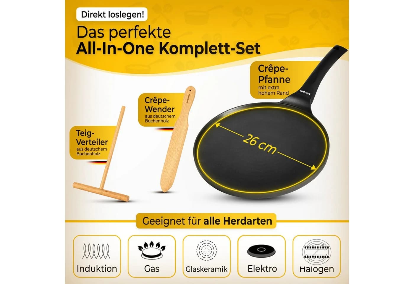 endusor Crêpepfanne 26cm Aluminiumguss Antihaft inkl. Holzspatel - Bild 4