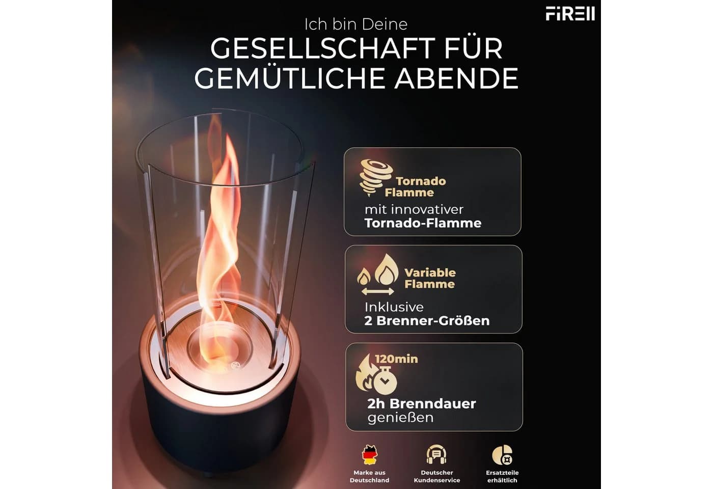 FIRELL Tischkamin CURL II Edelstahl Schwarz Patentierte Wirbelflamme