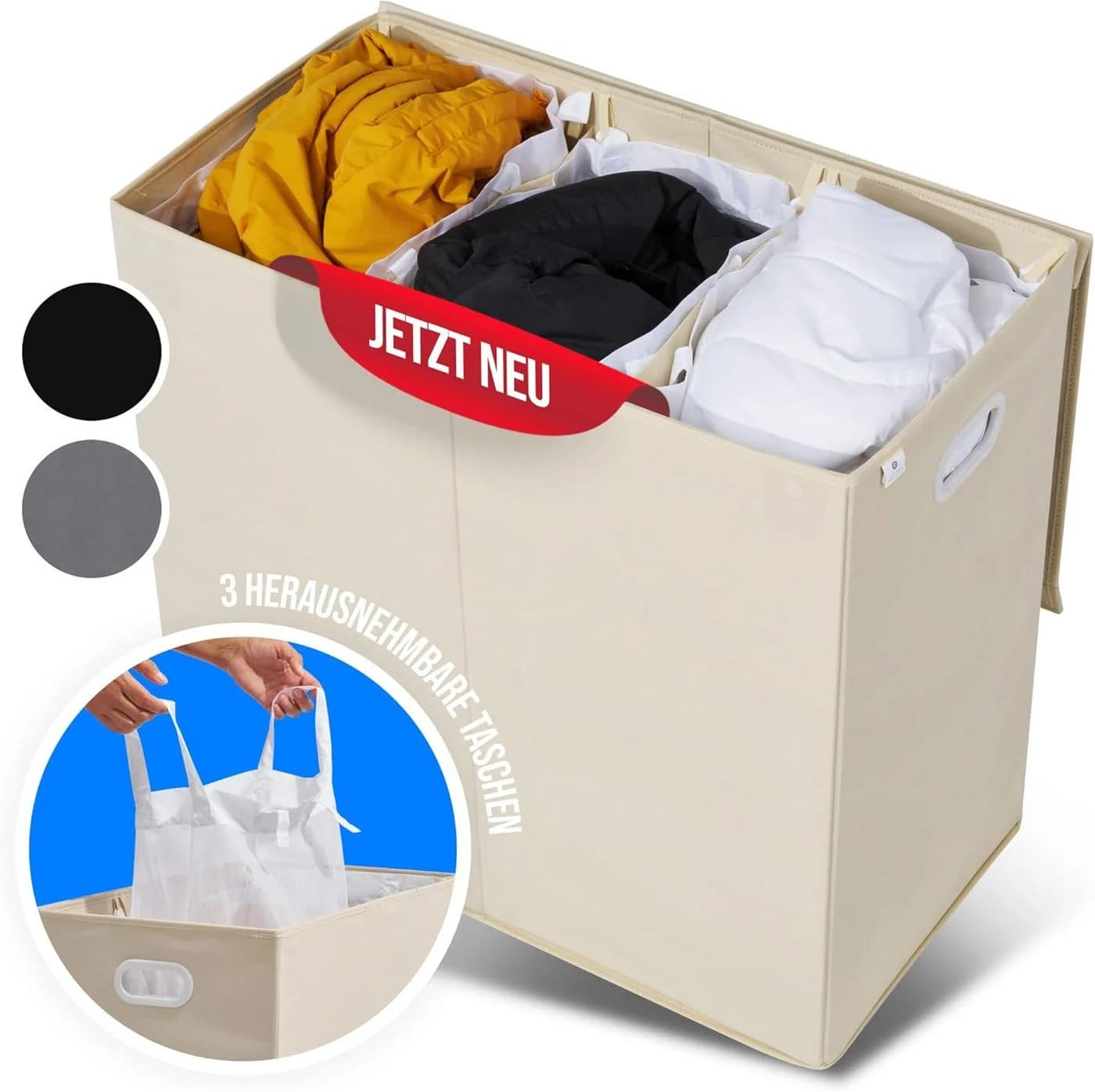 COFI 1453 Wäschekorb 3 Fächer 156L Beige Braun Magnetverschluss