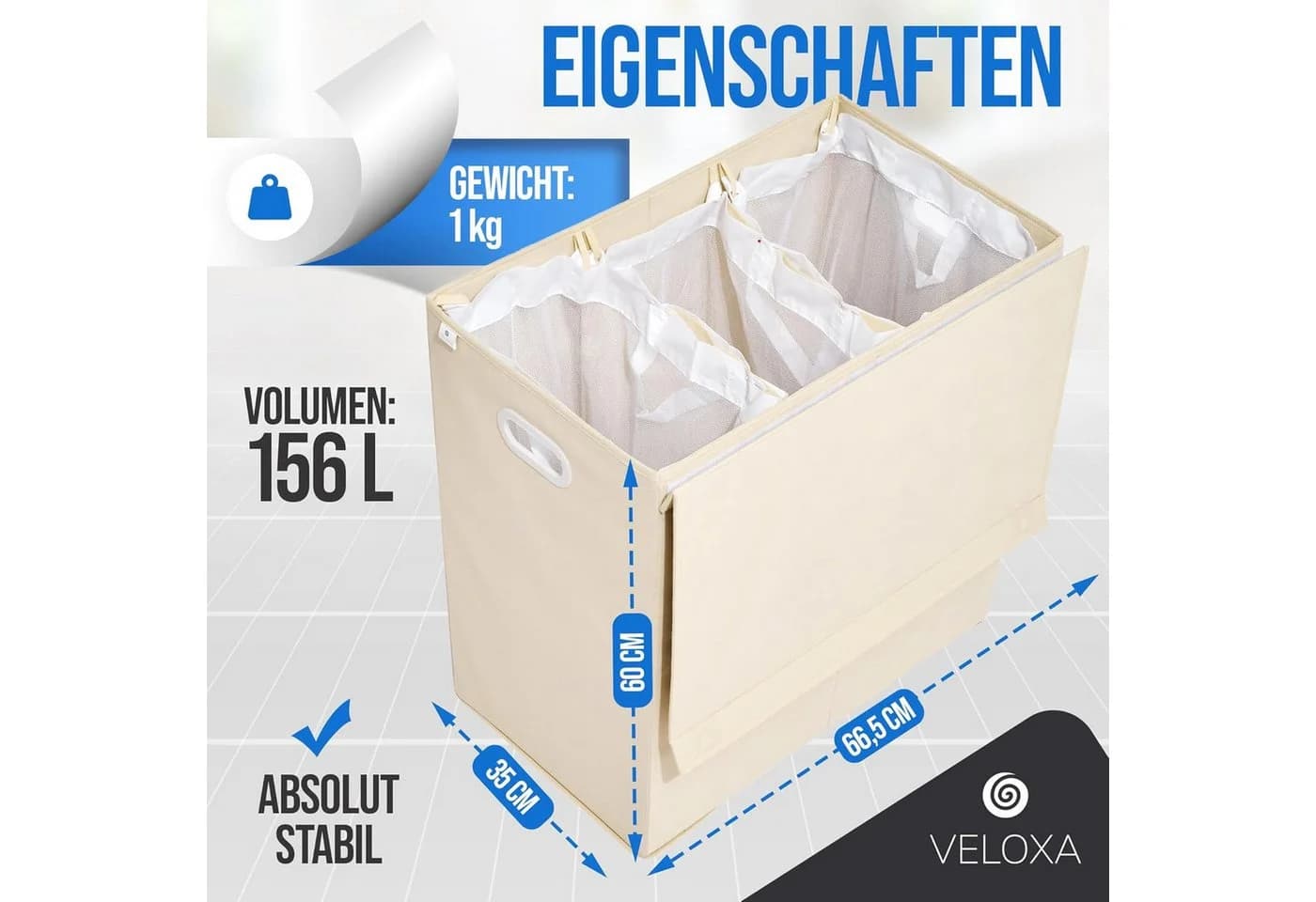 COFI 1453 Wäschekorb 3 Fächer 156L Beige Braun Magnetverschluss - Bild 3
