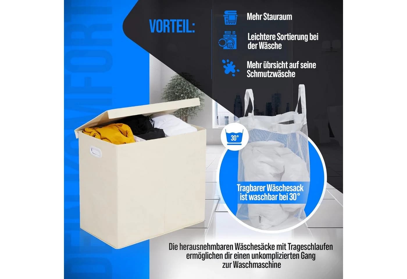 COFI 1453 Wäschekorb 3 Fächer 156L Beige Braun Magnetverschluss - Bild 4