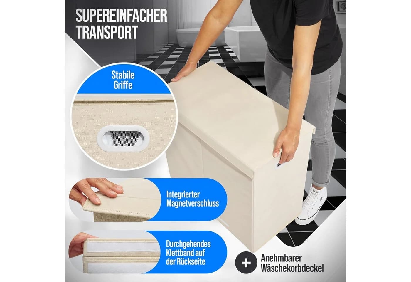 COFI 1453 Wäschekorb 3 Fächer 156L Beige Braun Magnetverschluss - Bild 5