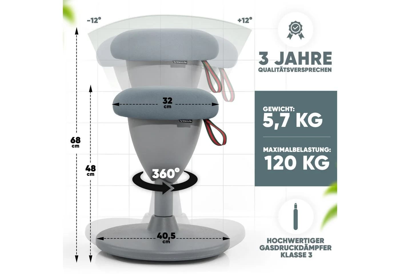 Steinlife Arbeitshocker Grau Ergonomisch Höhenverstellbar