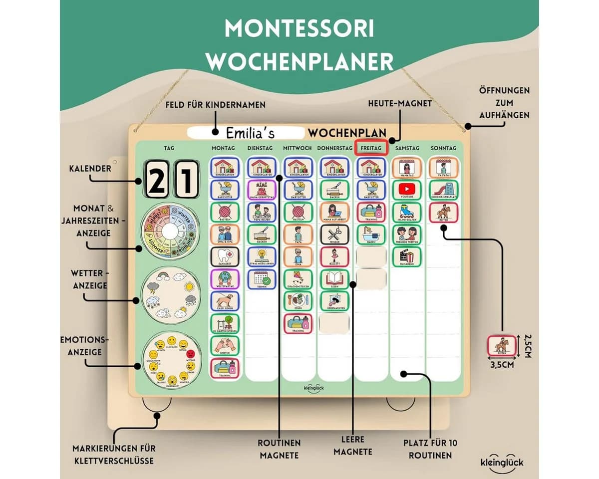 Kleinglück Magnettafel Wochenplaner Kinder mit Magnet-Symbolen