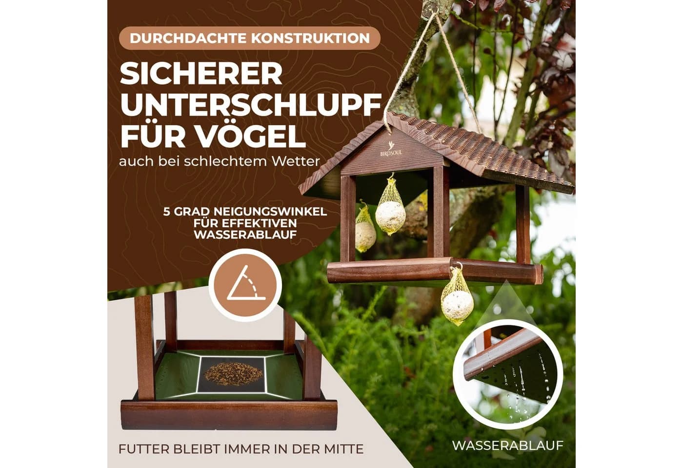 BIRDSOUL Vogelhaus Nordic Dunkelbraun mit Rain-Safe Bodenplatte