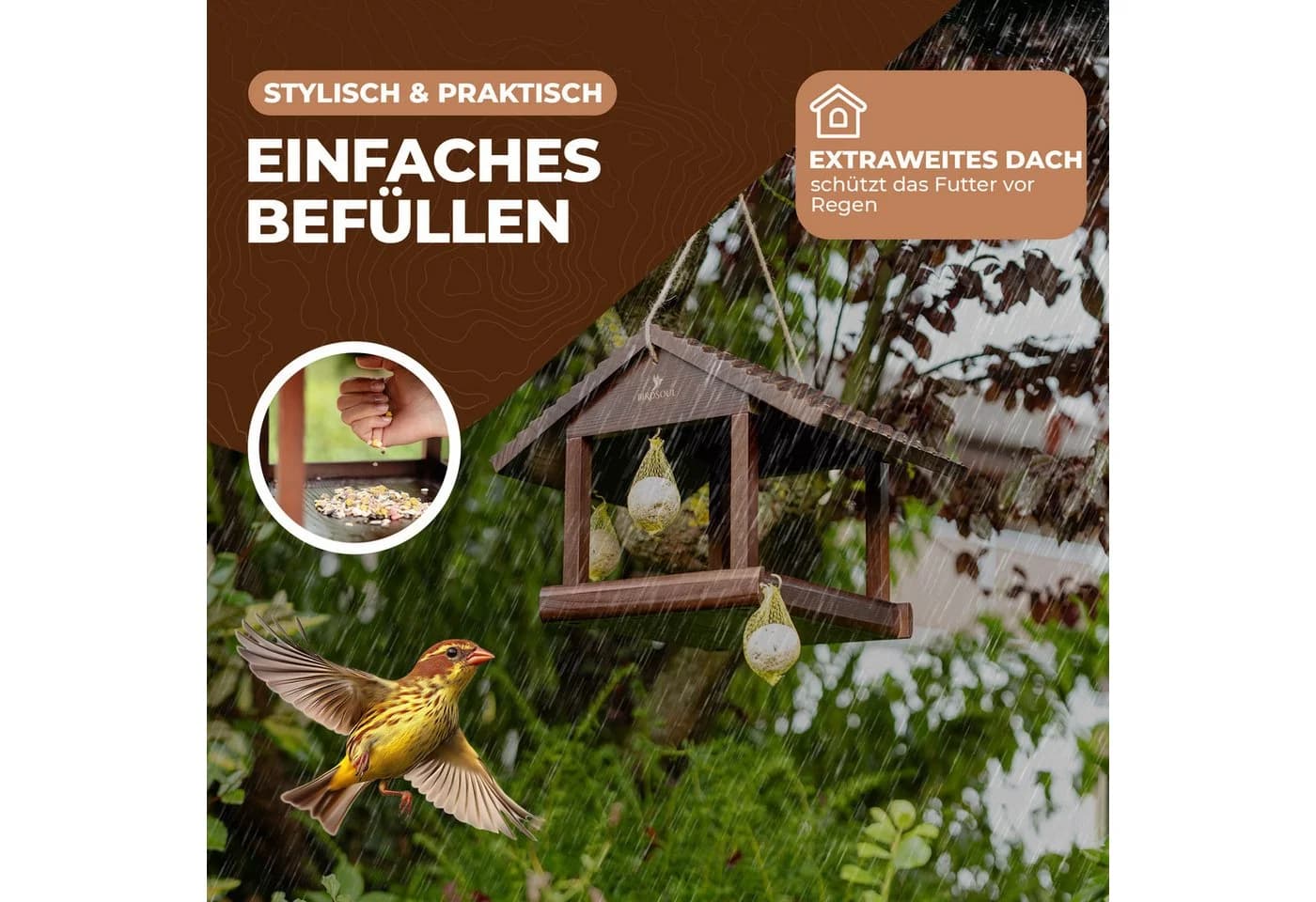 BIRDSOUL Vogelhaus Nordic Dunkelbraun mit Rain-Safe Bodenplatte - Bild 3