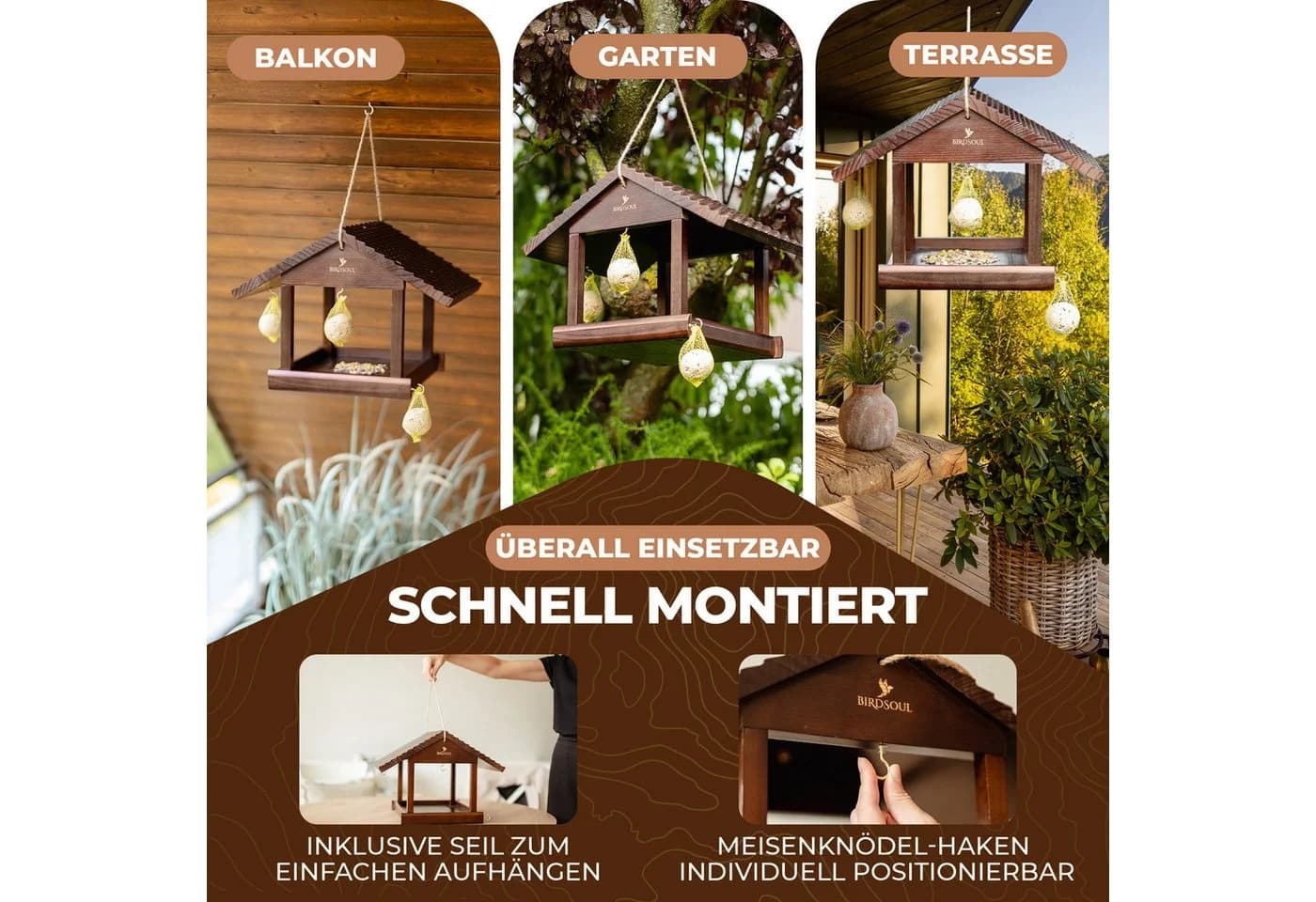 BIRDSOUL Vogelhaus Nordic Dunkelbraun mit Rain-Safe Bodenplatte - Bild 4