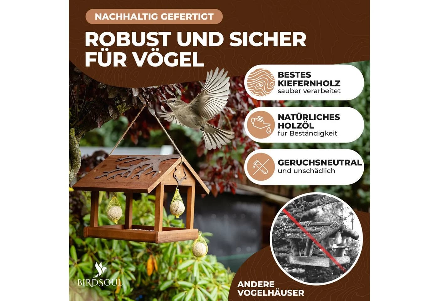 BIRDSOUL Vogelhaus Forest Braun Wasserableitendes Design - Bild 5