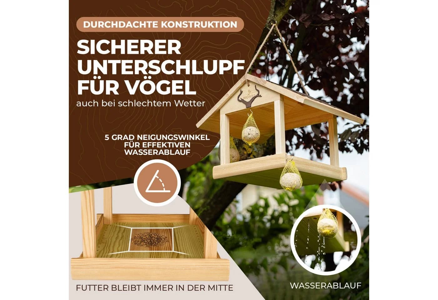 BIRDSOUL Vogelhaus Forest Braun Wasserableitendes Design