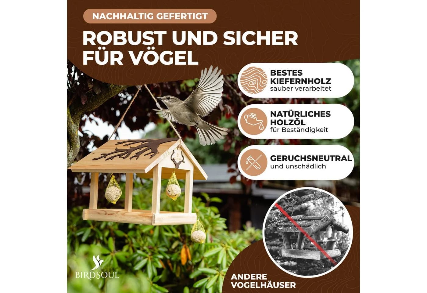 BIRDSOUL Vogelhaus Forest Braun Wasserableitendes Design - Bild 5