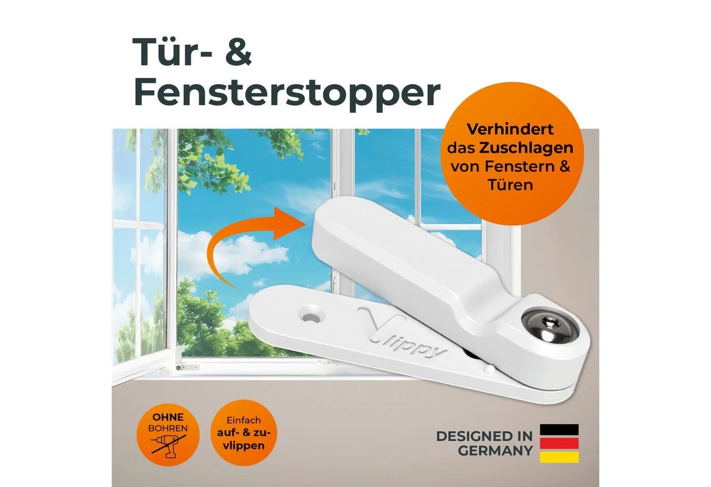 Vlippy Fensterstopper & Türstopper, 2 Stück, Verhindert das Zuschlagen von Fenstern & Türen