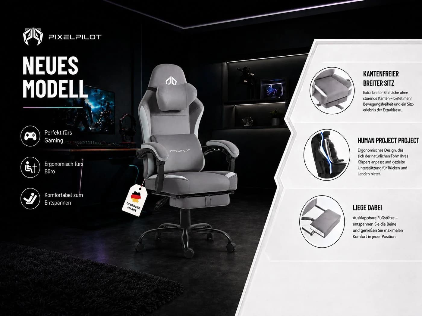 PixelPilot Gaming-Stuhl Ergonomisch Grau Mit Fußstütze