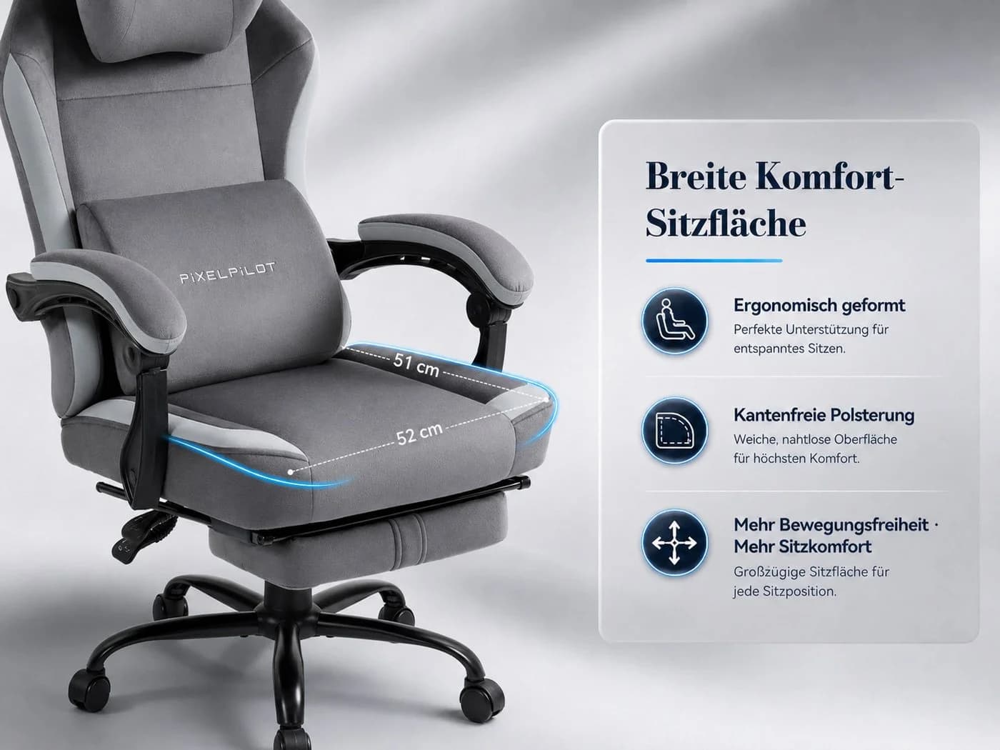 PixelPilot Gaming-Stuhl Ergonomisch Grau Mit Fußstütze - Bild 4