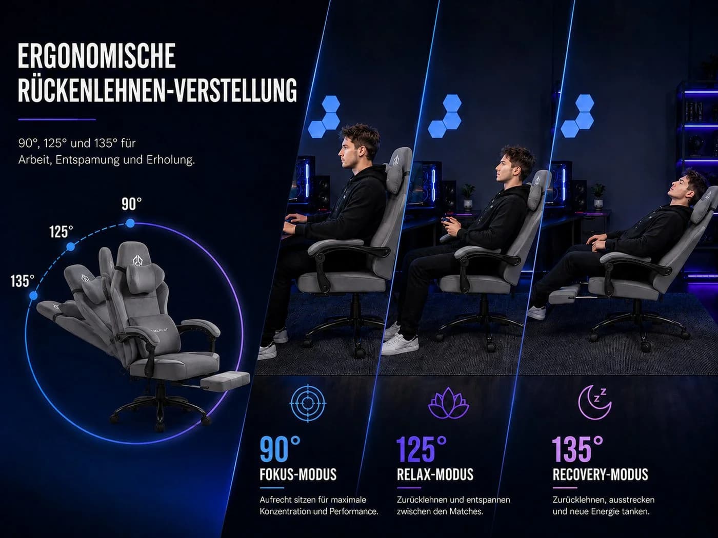 PixelPilot Gaming-Stuhl Ergonomisch Grau Mit Fußstütze - Bild 5