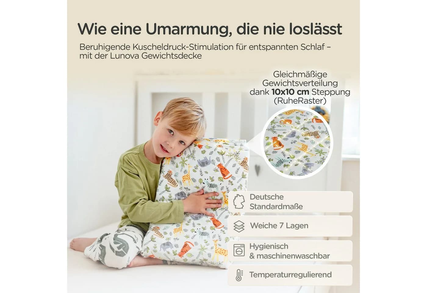 Lunova Gewichtsdecke für Kinder, hypoallergene Glasperlen, OEKO-TEX Baumwolle, 2-4 kg