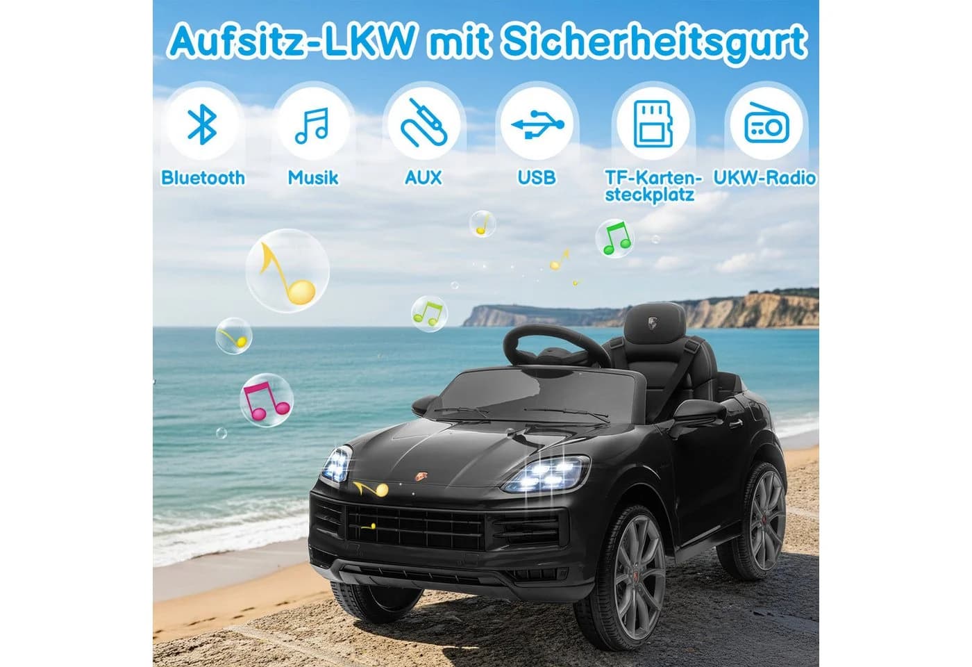 LALAHO Elektro-Kinderauto Porsche Cayenne Geländewagen Fernsteuerung 2,4G MP3 Musik Hupe LED-Leuchten