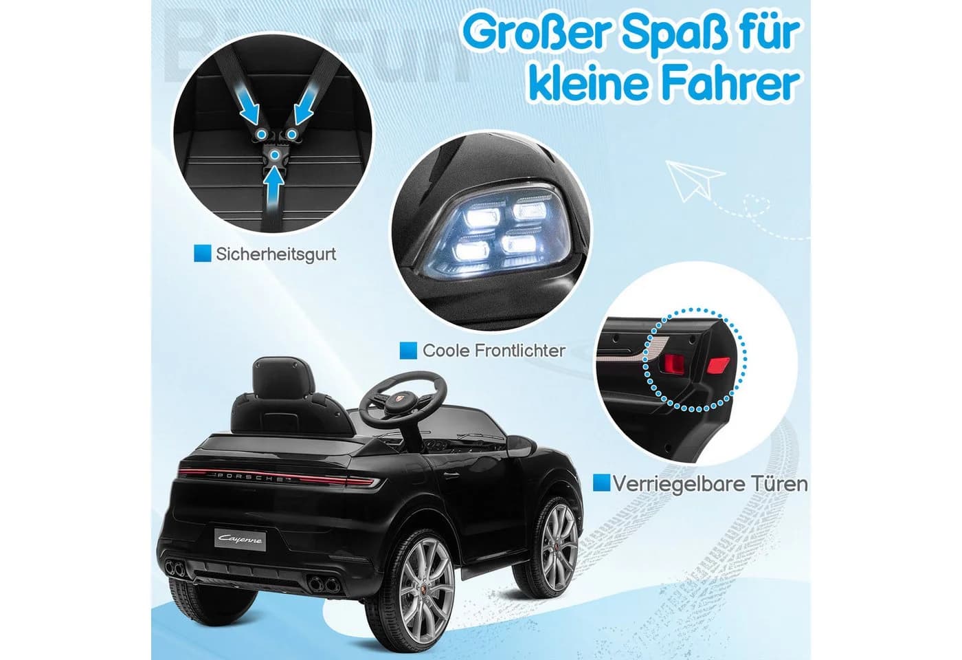 LALAHO Elektro-Kinderauto Porsche Cayenne Geländewagen Fernsteuerung 2,4G MP3 Musik Hupe LED-Leuchten - Bild 4