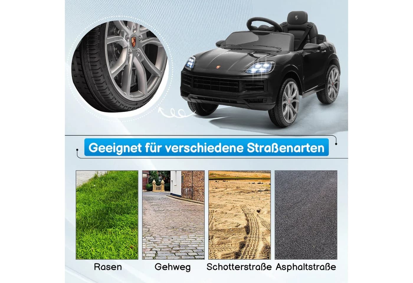 LALAHO Elektro-Kinderauto Porsche Cayenne Geländewagen Fernsteuerung 2,4G MP3 Musik Hupe LED-Leuchten - Bild 5