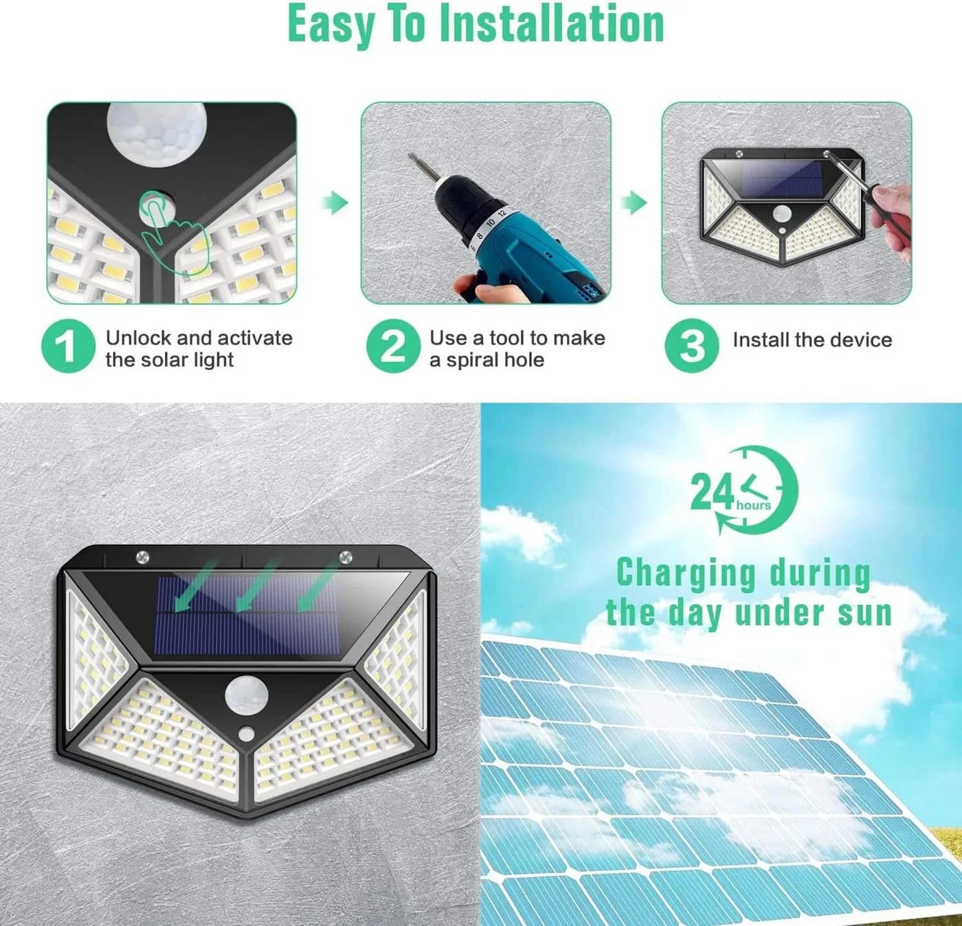 Athlix LED Solarleuchte 100 LEDs Außen mit Bewegungsmelder IP65 - Bild 5